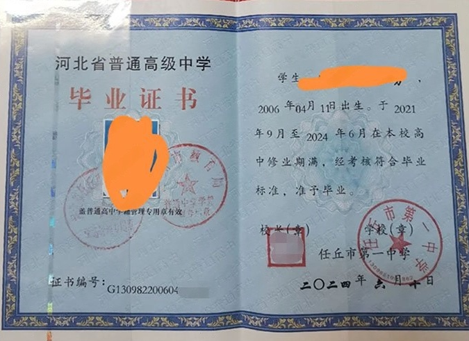 金明任丘市第一中学高中毕业证样本图片
